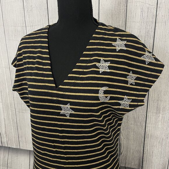 John Galliano Women's Medium Black & Gold Striped Designer Stretch Blouse Y2K - Picture 2 of 9